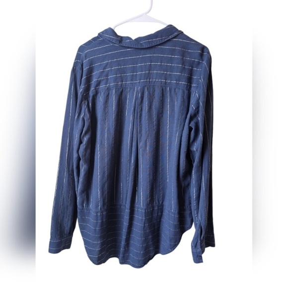 Cloth & Stone Navy Metallic Striped Linen Blend Button Down Shirt Size L - Picture 3 of 9